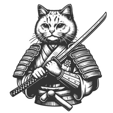 recommend clip art: samurai cat with katana sword raster illustration