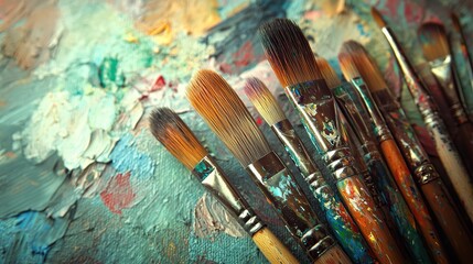 Fototapeta premium collection of paint brushes scattered on abstract colorfully textured surface