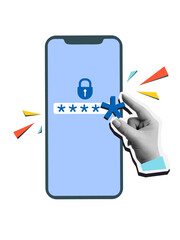 A hand adds the last asterisk to the password field on the phone screen. Internet security. Modern photo collage style. Illustration on transparent background