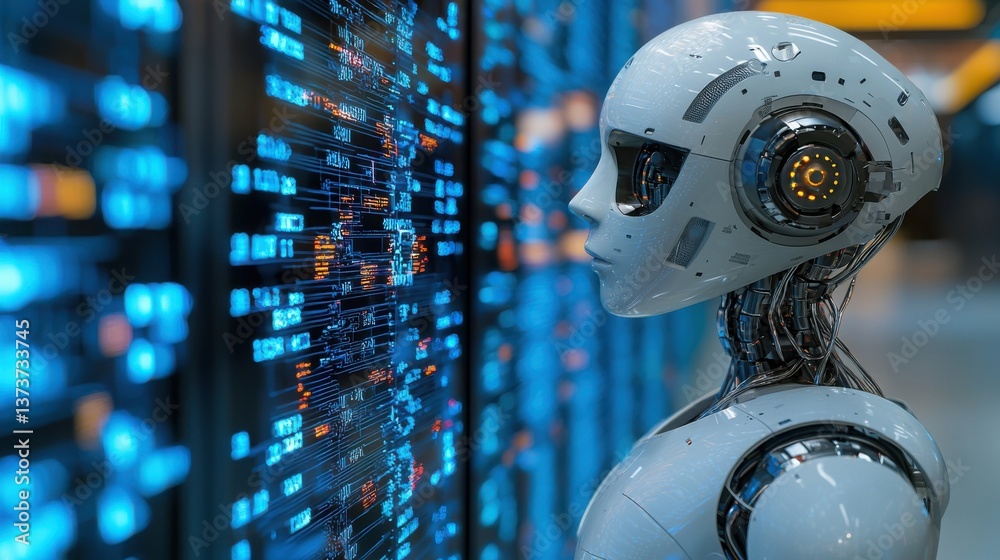 Poster a robot analyzing a wall of data reflecting the role of ai operations optimization in future technol