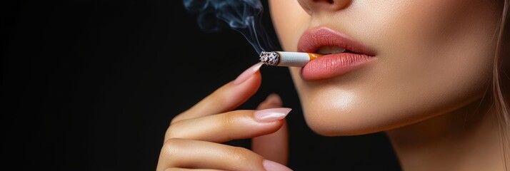 Obraz premium Close Up Studio Portrait Of Beautiful Young Woman Smoking A Cigarette On A Black Background