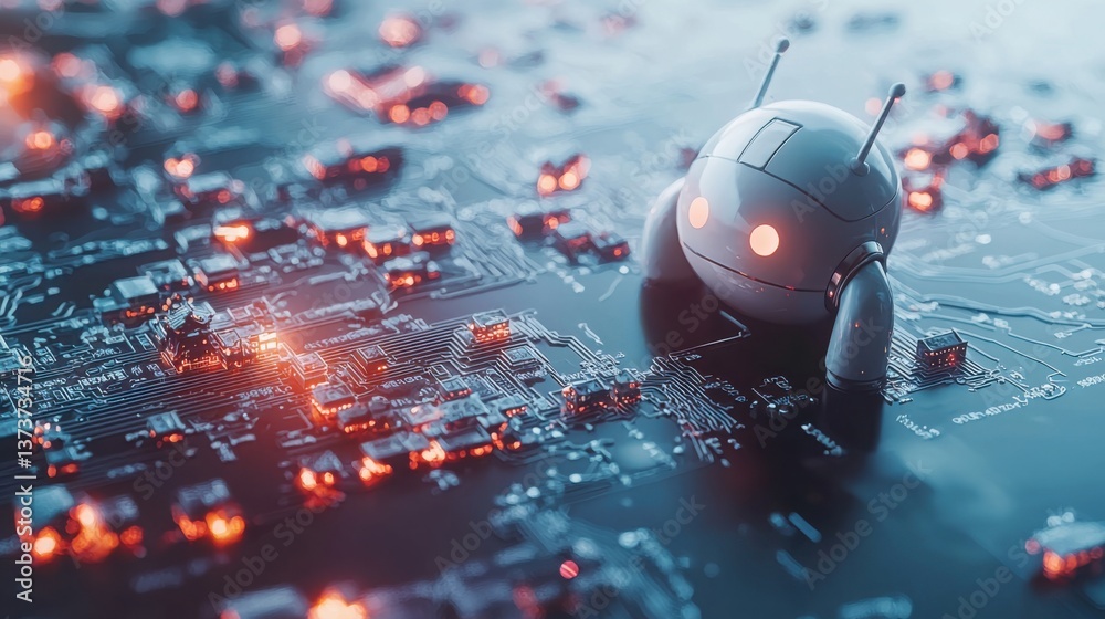 Poster computer mouse on a circuit board representing automated customer service technology and digital inn