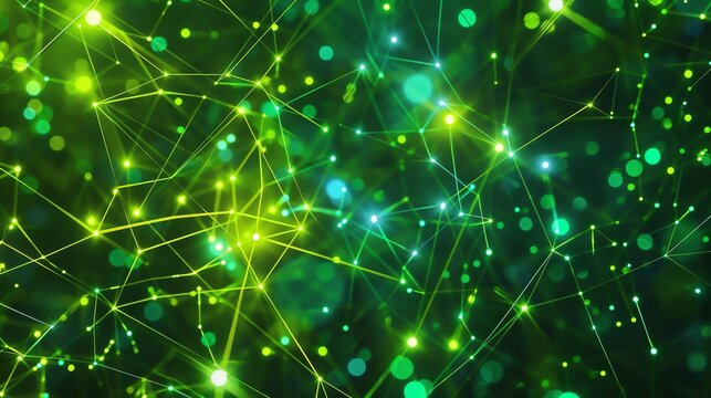Glowing green and yellow plexus. Futuristic digital technology background. 3D rendering.