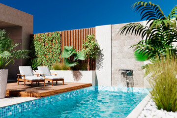 Modern style architecture exterior vacation villa with luxury swimming pool and tropical tree garden. Contemporary desert building design, poolside area and patio backyard. Rich real estate rental.