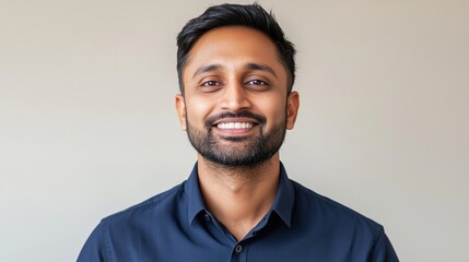Confident Indian man in navy shirt with warm smile and trimmed beard