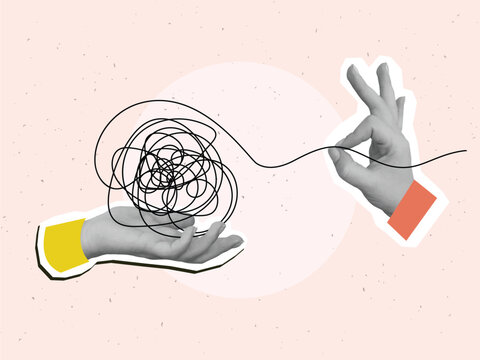 A hand pulls a thread from a tangled ball in other hand. Concept of problem solving and eliminating uncertainty. Modern photo collage style. Vector illustration