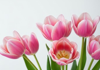Fototapeta premium A close up of several pink tulips with green stems against a white background in soft focus light