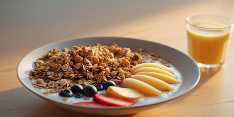Healthy Breakfast Bowl Granola Fruit Juice Wooden Table
