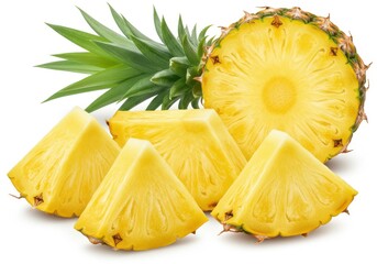 A vibrant still life of sliced pineapple with green leaves on a plain white background studio shot