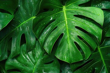 Fototapeta premium Monsterra Leaf. Big Green Leaf in Tropical Summer Background