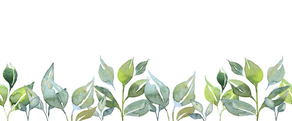 Watercolor border of leaves, green branches, grass, botanical illustration isolated on transparent background	
