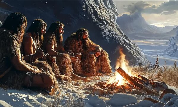 Neolithic people, group of  prehistorical time human, homo sapience sits next to cave 