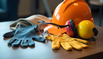 A set of personal protective equipment (PPE) neatly arranged on a table, including gloves, goggles, ear protection, and a hard hat, perfect for World Day of Safety and Health at Work