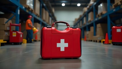 A first aid kit placed in an industrial setting, surrounded by safety equipment and machinery, perfect for World Day of Safety and Health at Work