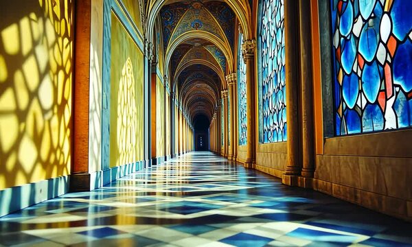 Camera follow the long corridor in arabic style with colourful glass decorated windows 