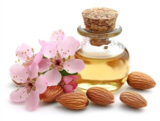 Almond Oil in Clear Glass Bottle Surrounded by Pink Almond Flowers with Almond Seeds on a White Background in Bright Studio Lighting