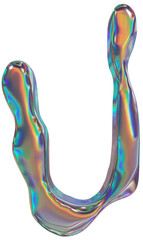 3D Metallic chrome iridescent letter U with a fluid droplet shape and holographic glossy finish, Y2K liquid style typography for retro futuristic design