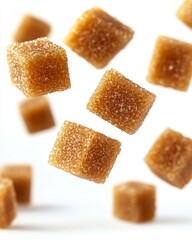 Floating Brown Sugar Cubes on White Background a Sweet Food Ingredient Still Life Overhead Shot