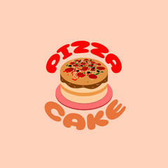 International Pizza Cake Day to celebrate on third Thursday in April. A delicious dish of pizza cake on wooden plate on beige background. Food event banner.