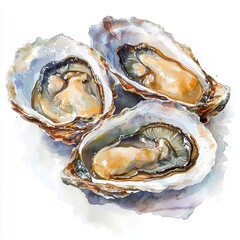 Watercolor-style grilled oysters, isolated on a white background, illustrated with soft strokes and vibrant hues that capture their essence.