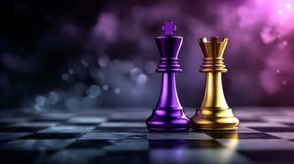 Artistic composition of golden and purple chess king and queen pieces on a reflective board, accented with moody purple and black lighting. Perfect for strategy and luxury themes.. AI Generation