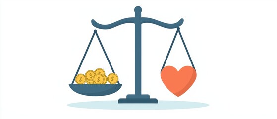 A balance scale showing gold coins on one side and a heart on the other, symbolizing the conflict between wealth and love.