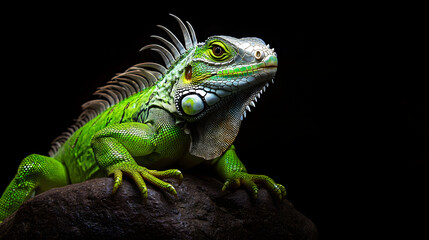 Obraz premium A green iguana with white frills sitting on a rock, against a black background. This is a full-body portrait, captured with professional photography and studio lighting