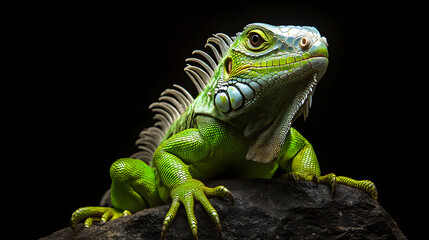 A green iguana with white frills sitting on a rock, against a black background. This is a full-body portrait, captured with professional photography and studio lighting