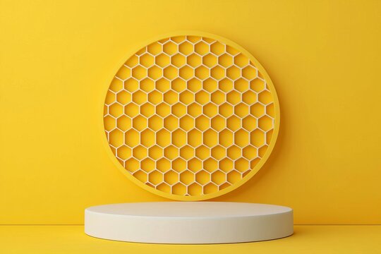 Honeycomb background product podium display 3d stand of natural honey bee pedestal template mockup or healthy nature stage platform backdrop and organic summer beauty beehive yello
