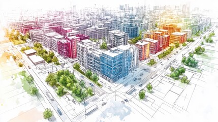 Architectural Cityscape Drawing with Colorful Buildings and Green Trees Overhead View in Urban Environment Digital Art