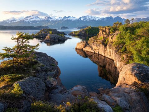 Stunning coastal landscape with serene waters and mountains at sunrise in a remote natural setting