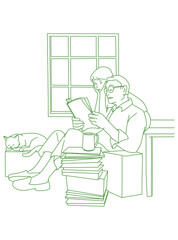 grandfather reading book with his kid and their dog - beside the window