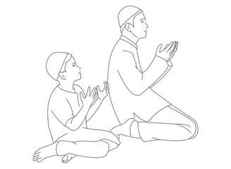 little boy with his father praying together after doing salat in the mosque