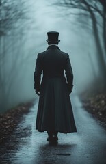 Rear View of a Victorian Man in Dark Long Coat and Top Hat Walking on Foggy Country Road in a Misty Atmosphere