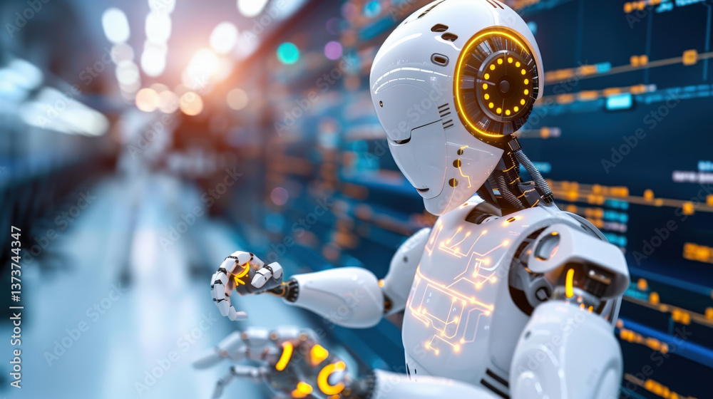 Poster humanoid robot with glowing circuits interacts with digital interface, showcasing advanced technology and futuristic design. background features blurred data display