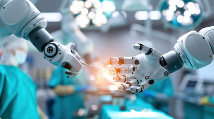 Robotic arms perform surgery in high tech operating room, showcasing advanced surgical technology. Surgeons in scrubs assist, highlighting precision and innovation in healthcare