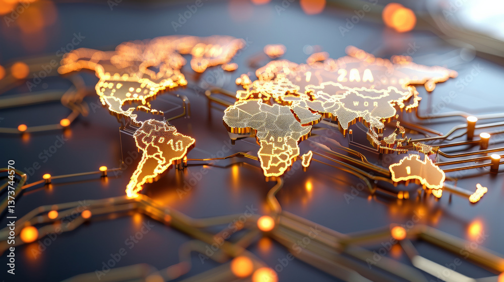 Poster glowing digital world map with interconnected data streams on dark surface, symbolizing global connectivity and technology. vibrant orange lights create futuristic atmosphere