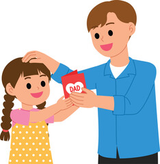 Obraz premium Young daughter giving Father's Day card to her dad, Young father patted his daughter’s head gently illustration