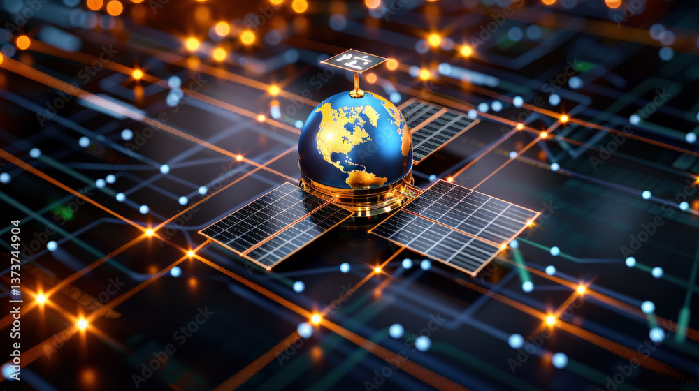Aufkleber digital Earth model with glowing network lines and satellite symbolizes global connectivity and technology. vibrant scene highlights integration of digital and physical worlds