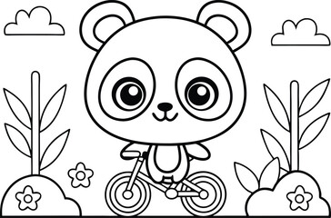 Cute Cartoon Panda Riding a Bicycle with Plants and Clouds