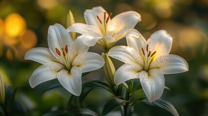 Fototapeta premium Dreamy lilies bloom amidst lush greenery. Soft focus creates an ethereal, peaceful scene