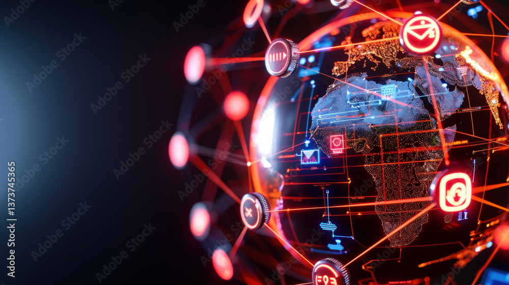Aufkleber digital globe with interconnected icons represents global communication and technology networks. vibrant red and blue hues highlight dynamic flow of information across continents