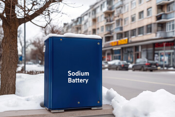 Sodium battery power storage unit in winter setting on city street with snow-covered surroundings and buildings
