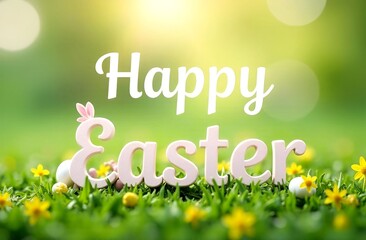 Easter text on forest sunny background, green grass meadow, cute white bunny, surrounded by pastel colorful easter eggs, soft background, copyspace and place for text