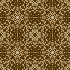 an intricate geometric pattern with symmetrical, pixel-like details. The design consists of repeating diamond, likely inspired by traditional textiles. Pixel art vector seamless pattern. Pixelated.