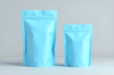 Blank craft plastic pouch, light blue packages big and small, mylar bags isolated for coffee or food, cosmetic products, snack, candy. Different sizes, mock up. white background.