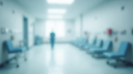 Blurred image of a bright hospital hallway featuring medical beds, carts, and equipment. Clean, sterile environment with natural light.