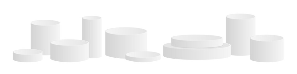 Set of round 3D podiums. Empty white pedestals. Vector