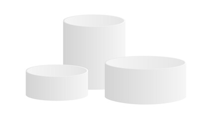Round 3D podiums. Empty white pedestals. Vector