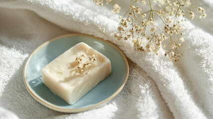 Handmade soap on a ceramic dish with floral accents, set against a plush white towel.